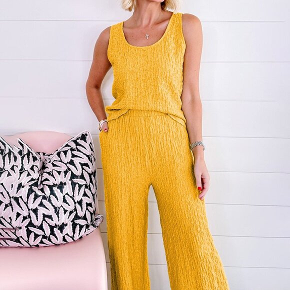 Yellow Crinkled U Neck Tank Top and Wide Leg Pants Set - Picture 4 of 15